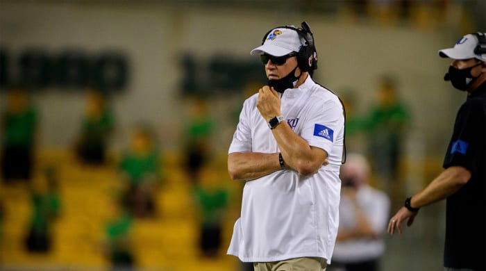 Sep 26, 2020; Waco, Texas, USA; Kansas Jayhawks head coach Les Miles during the game between the Bears and the Jayhawks at McLane Stadium.